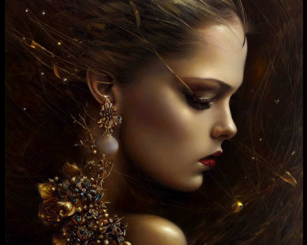 Profile view digital painting of woman with golden jewelry and flowing hair.