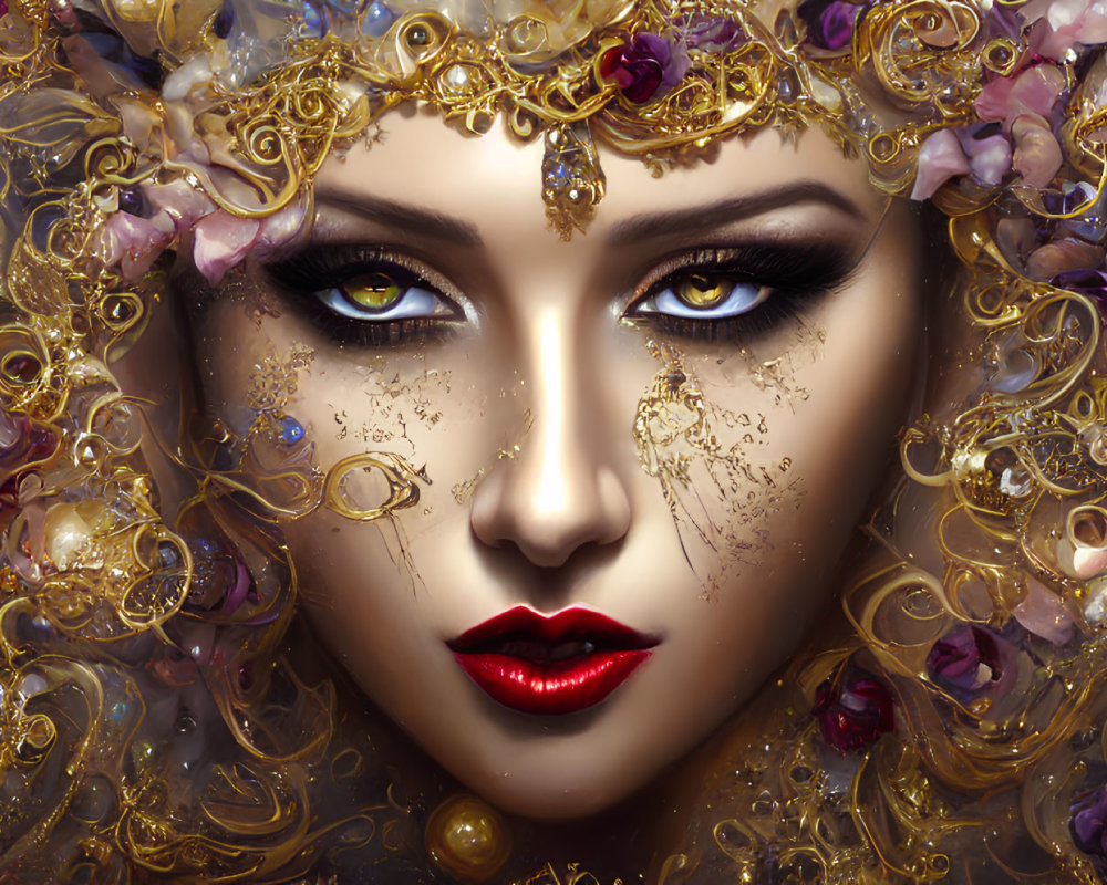 Close-up portrait of mystical woman with ornate golden headpiece and vibrant makeup surrounded by golden swirls