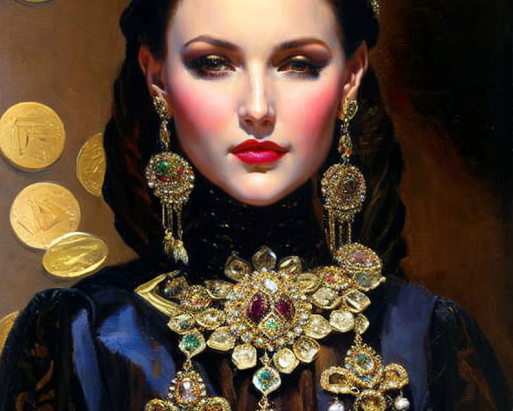 Regal woman with jewel-encrusted tiara and golden jewelry on coin-filled background