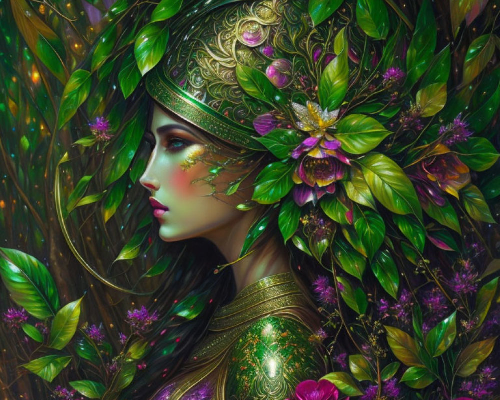 Illustration of woman with gold helmet in lush floral setting