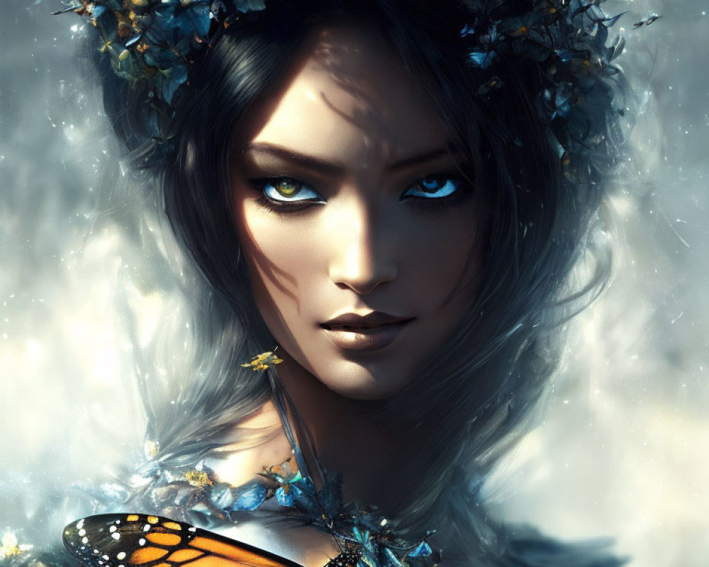 Digital artwork featuring woman with floral crown, blue eyes, and butterfly.