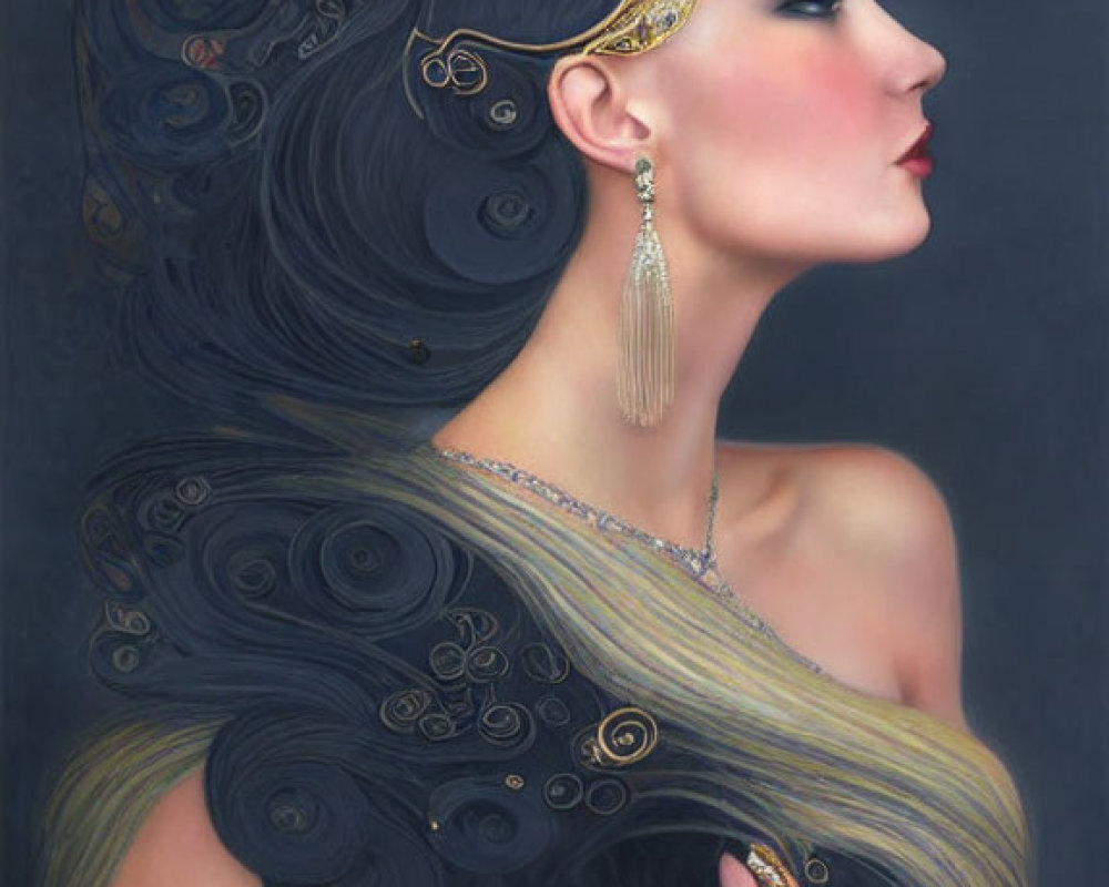 Art Nouveau style illustration of woman with wavy hair and gold jewelry.