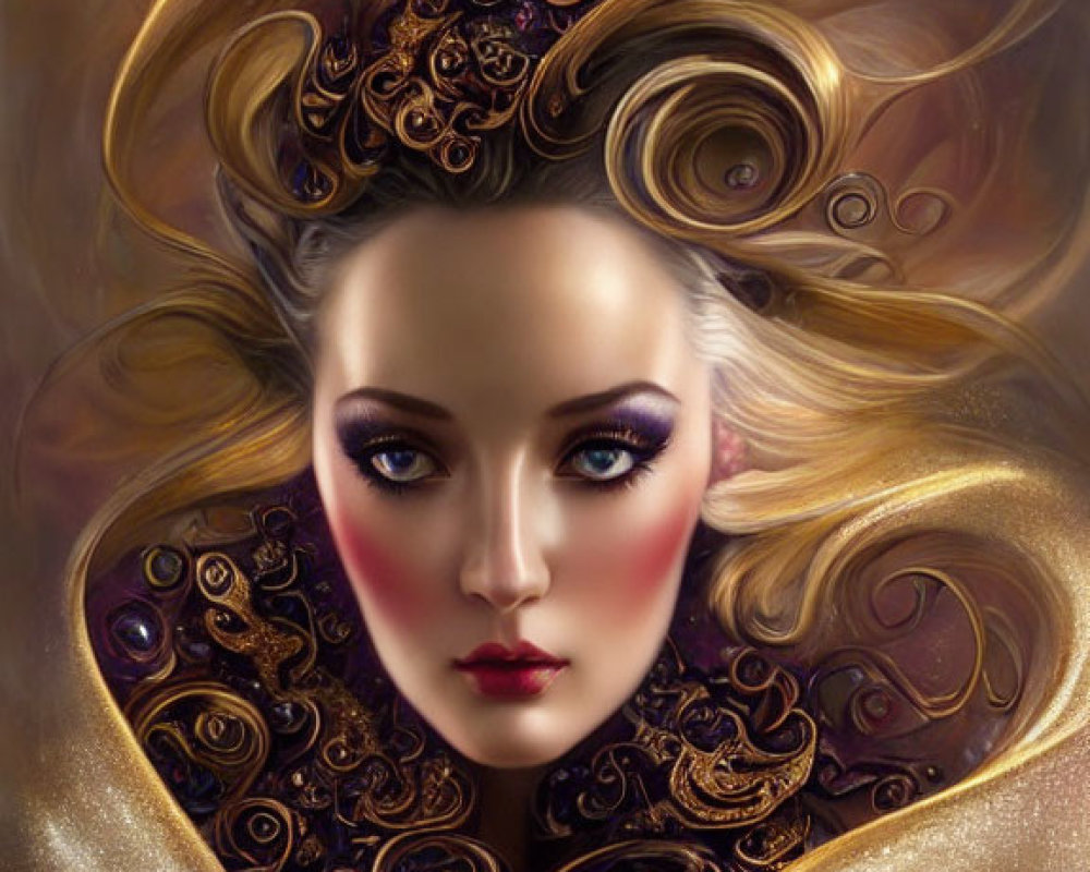 Illustrated portrait of a woman with golden hair, purple eyes, and gold cloak