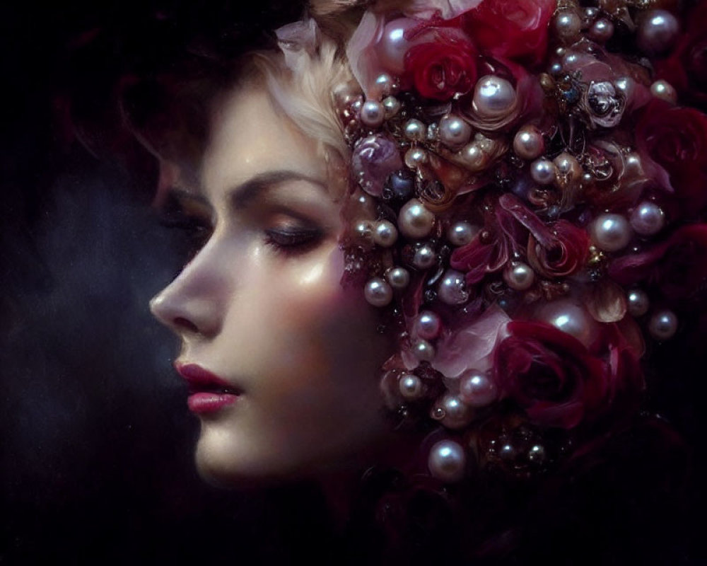 Woman's profile with rose and pearl headpiece on dark background