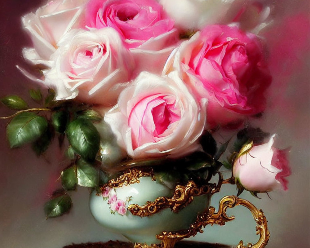 Pink and White Roses in Gold-trimmed Porcelain Vase on Saucer