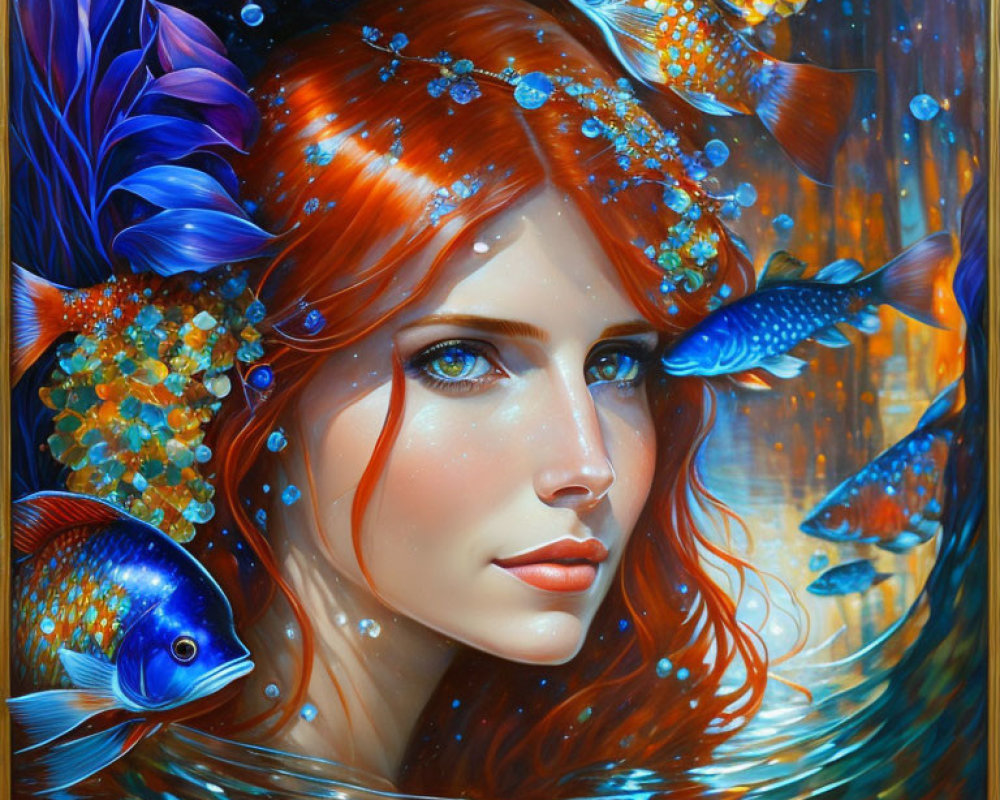 Vibrant painting of woman with red hair in underwater scene