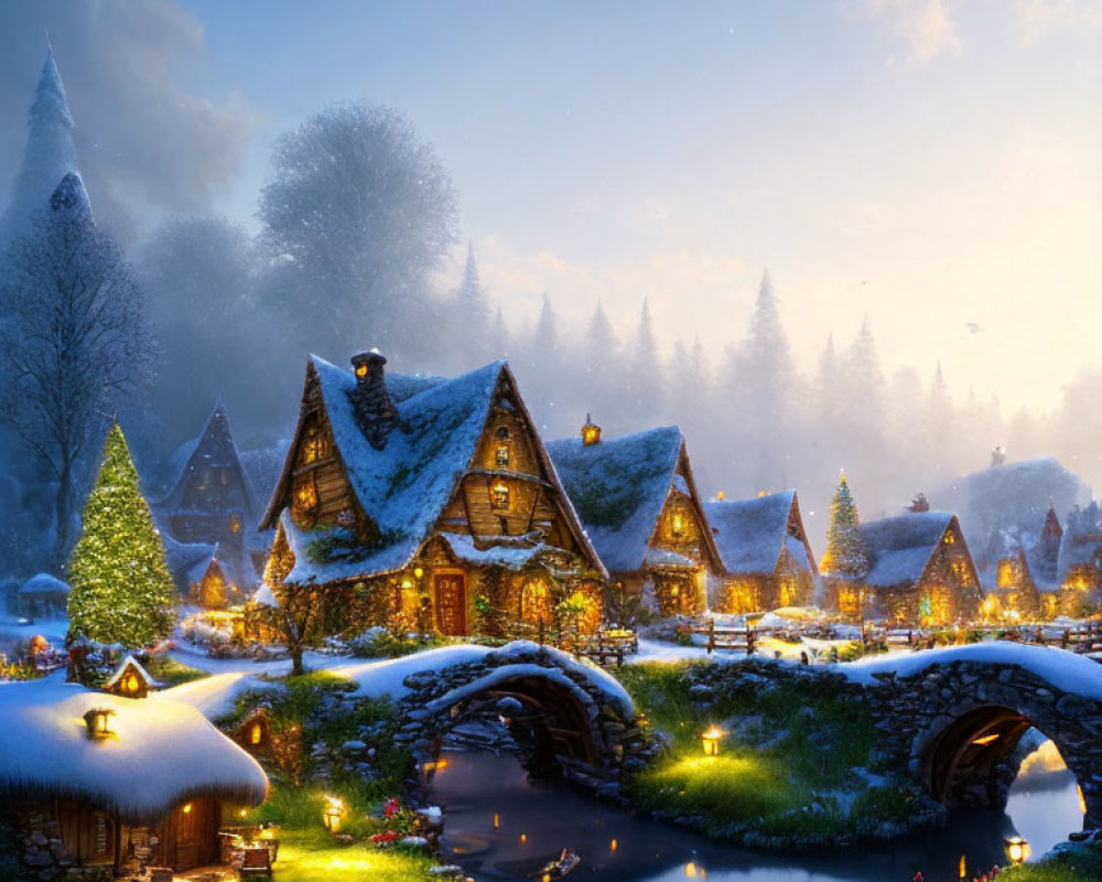 Snow-covered winter village scene with cozy cottages, stone bridge, and glowing lights.