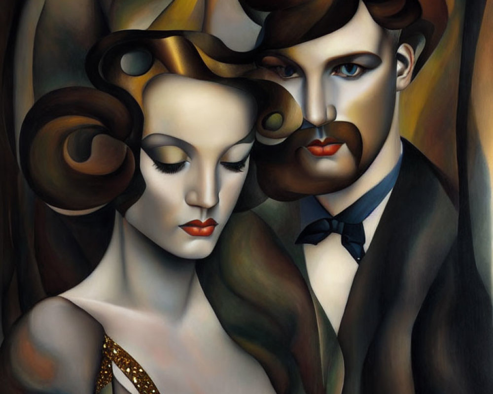 Stylized portrait of a woman and man with swirling hair and soft features