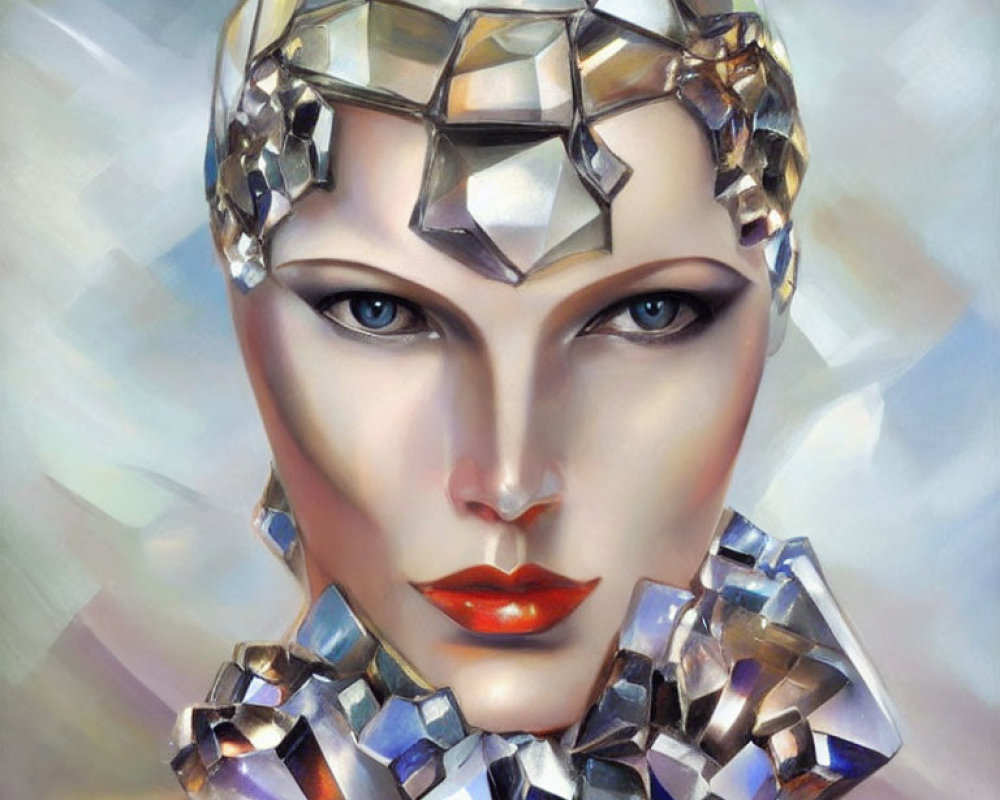 Stylized portrait of a woman with metallic headpiece and jewelry on multicolored background