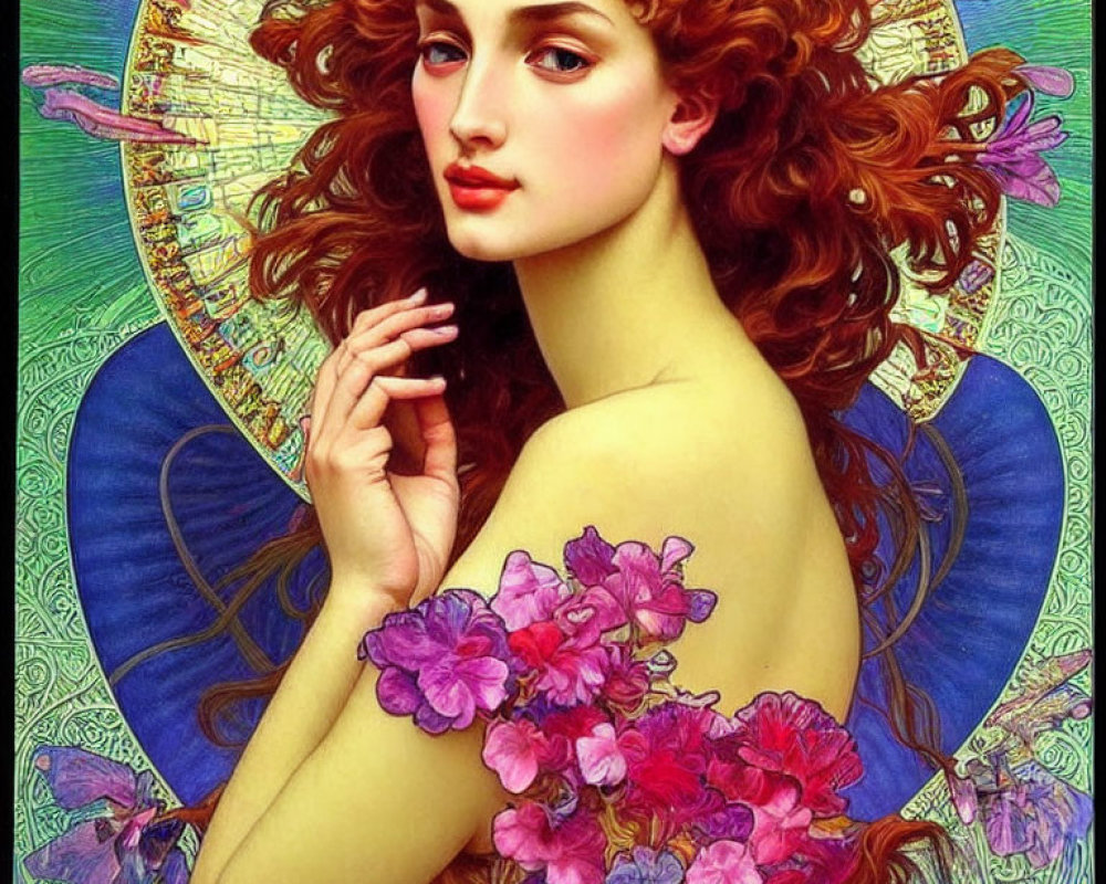 Red Curly-Haired Woman with Halo Motif and Purple Flowers on Blue Heart Background