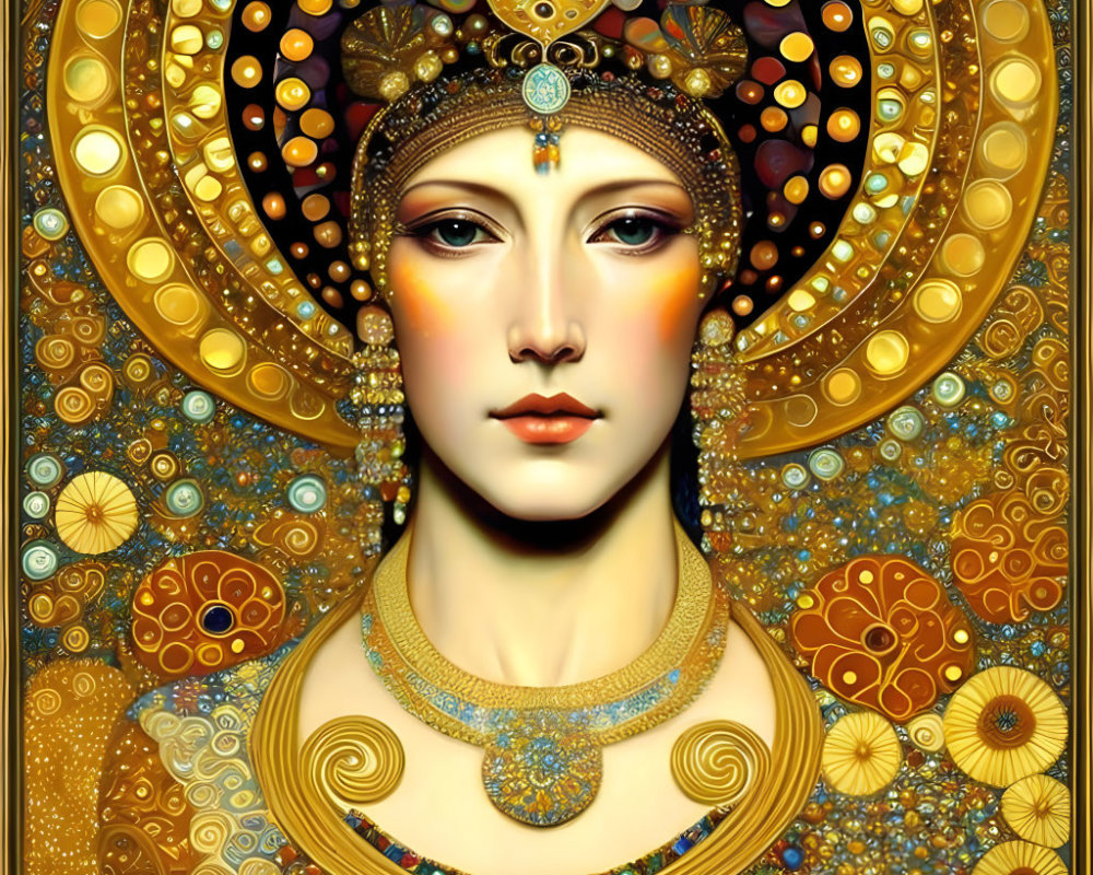 Woman with solemn expression adorned in intricate golden jewelry and ornate halo.