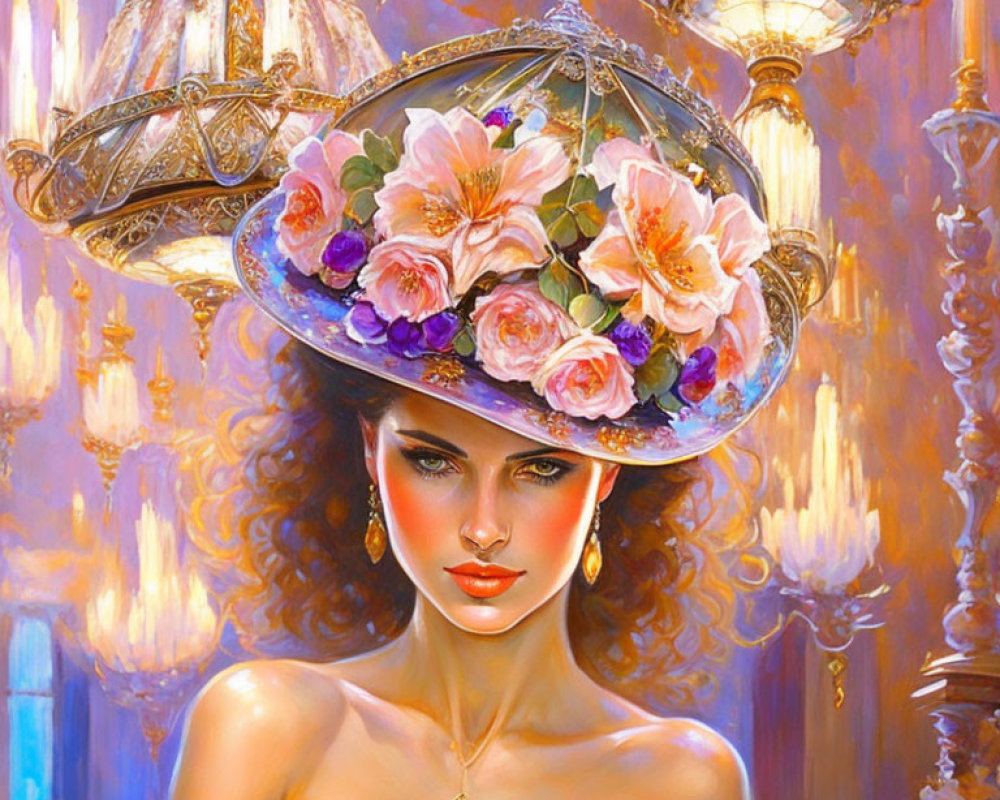 Illustrated woman in floral hat and golden gown on warm background