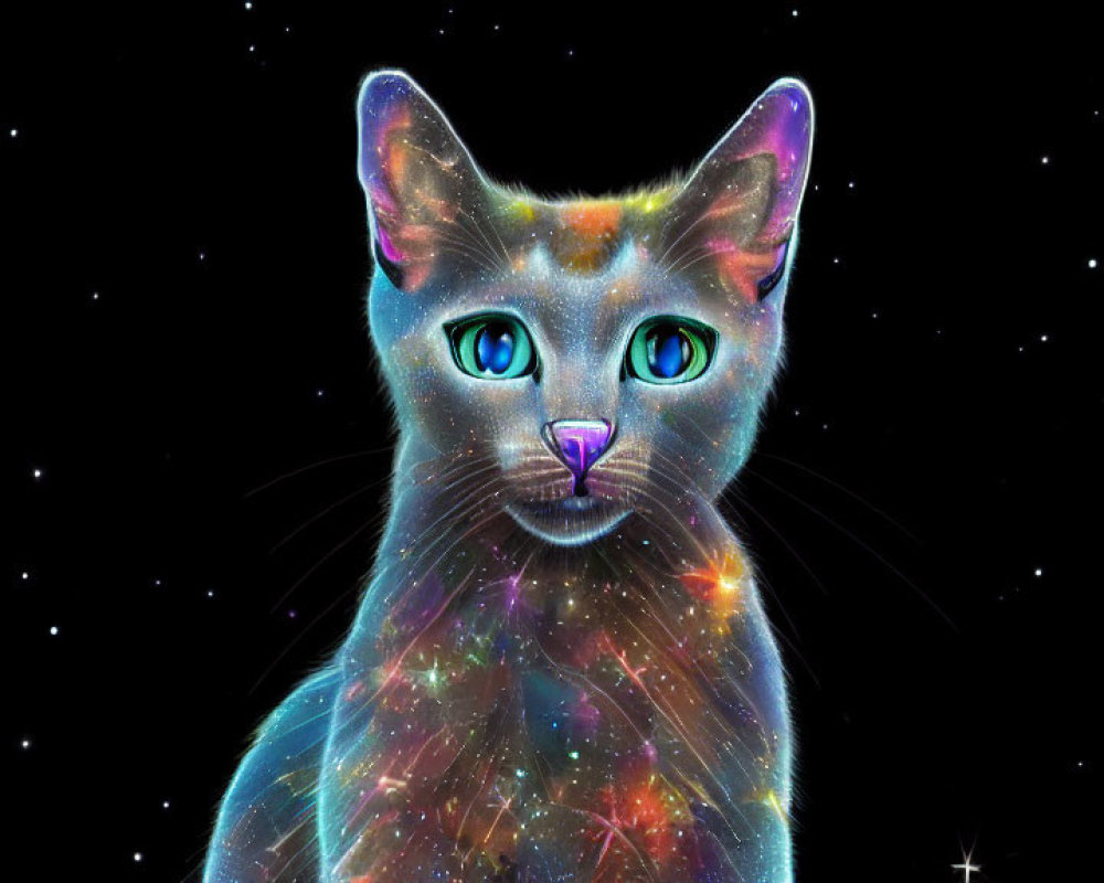 Digital Cosmic Cat with Starry Space Pattern and Blue Eyes on Night Sky Background