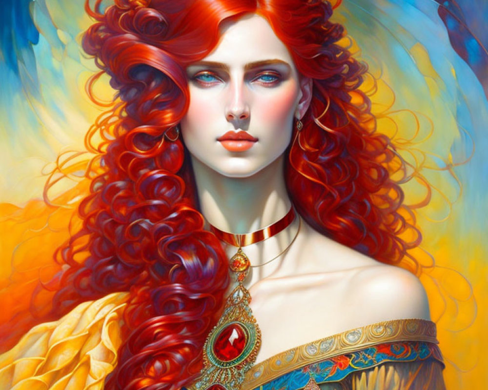 Vibrant red-haired woman in yellow dress with blue eyes.