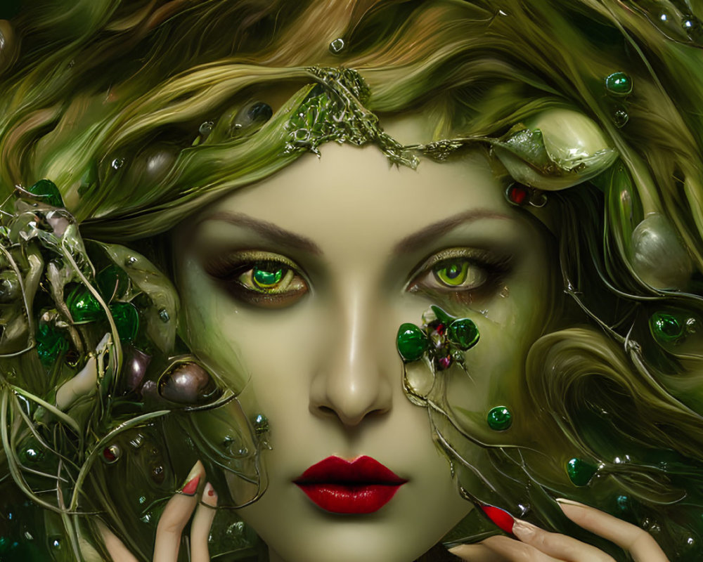 Fantasy artwork: Woman with swirling green hair and captivating green eyes