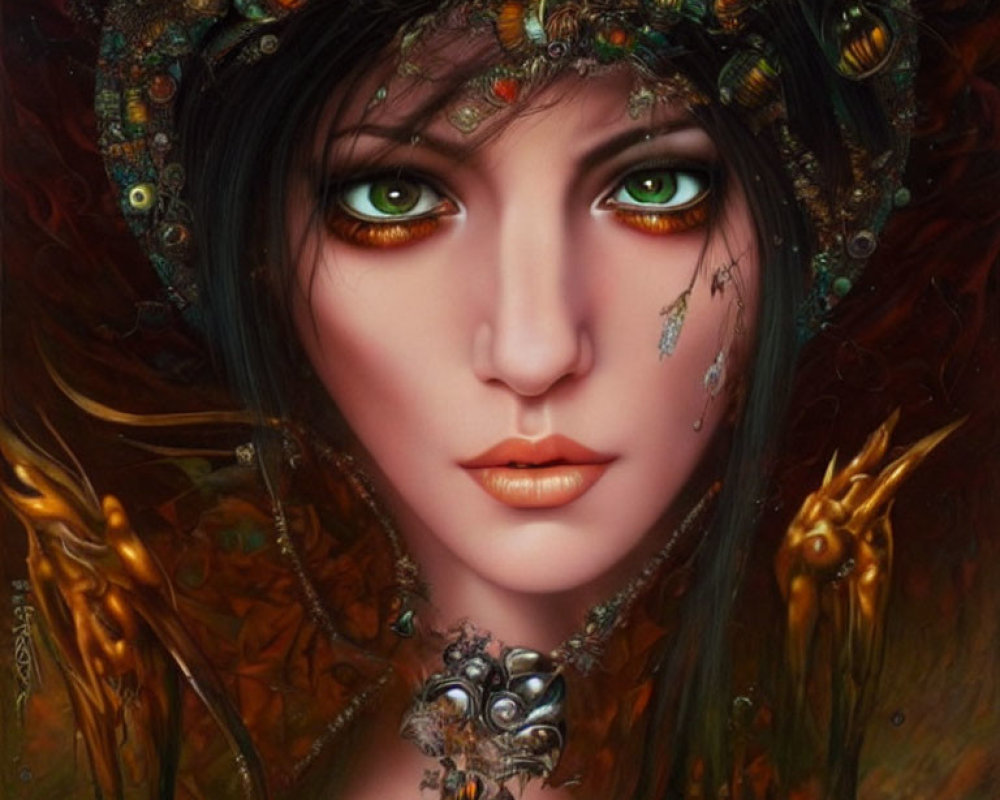 Digital artwork featuring woman with green eyes and nature-themed headpiece.