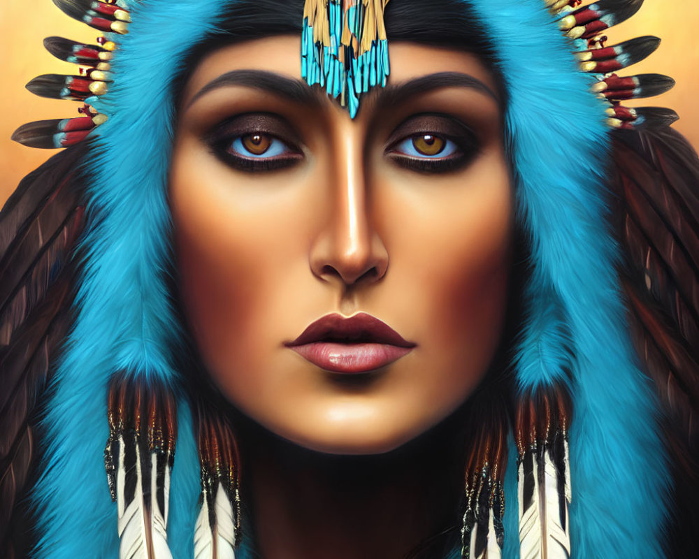 Detailed illustration of a woman in Native American headdress with colorful feathers and turquoise jewelry