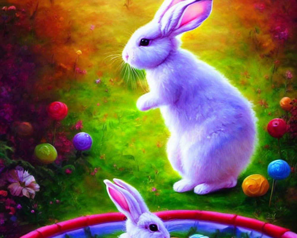 Vibrant Easter illustration with rabbits, eggs, and flowers