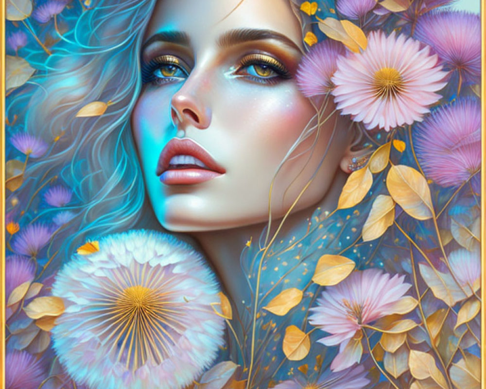 Digital portrait of woman with blue eyes and makeup in surreal floral setting