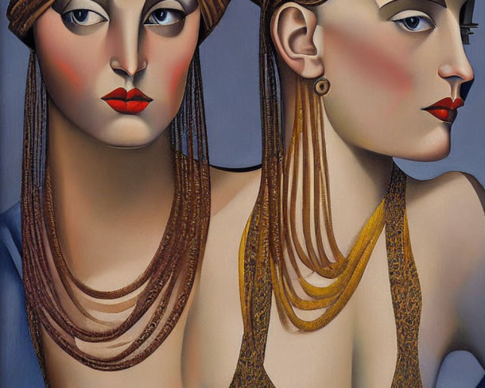 Stylized female figures with elongated necks and bead necklaces on grey background