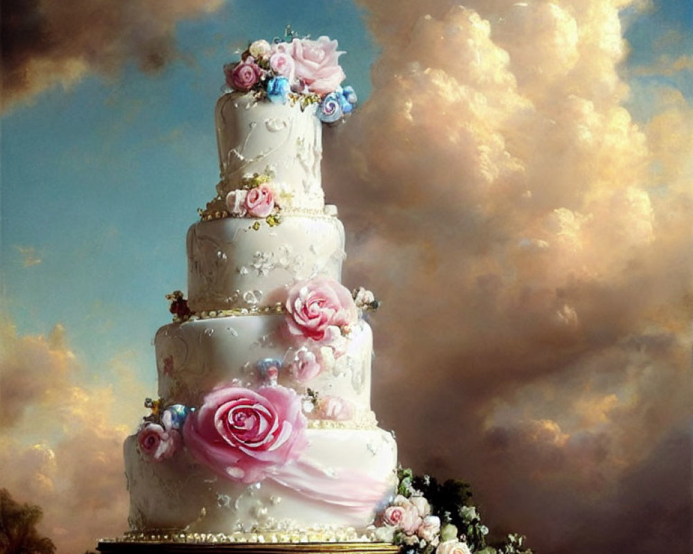 Four-tiered white wedding cake with pastel flowers on red stand against cloudy sky