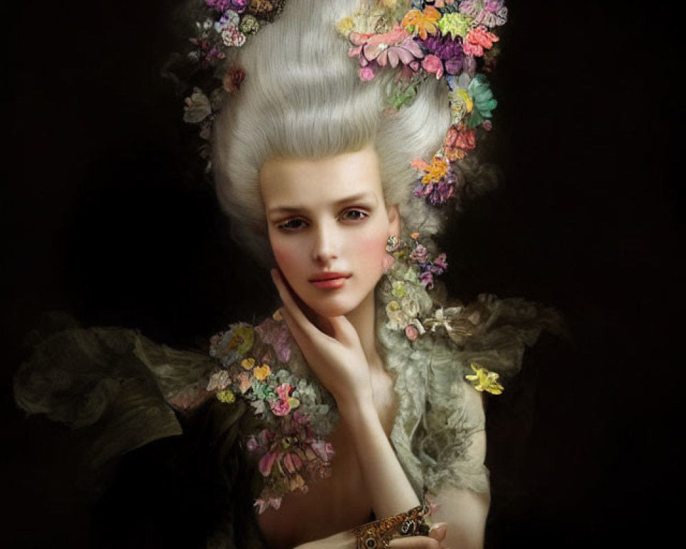 Baroque style woman with floral hairdo and attire, emitting classic romantic vibe