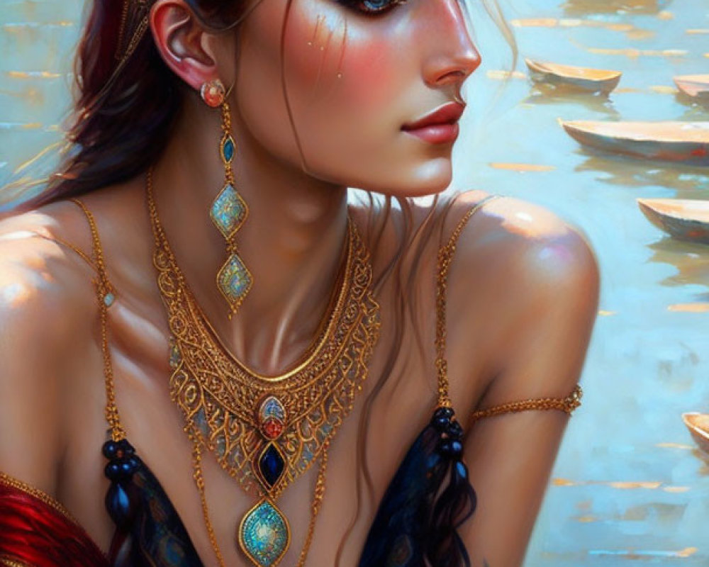 Elegant lady with jewelry and red headband by serene water with floating petals