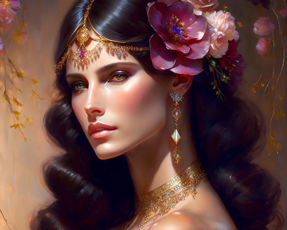 Digital portrait of woman with floral headpiece and gold jewelry in dreamy setting.