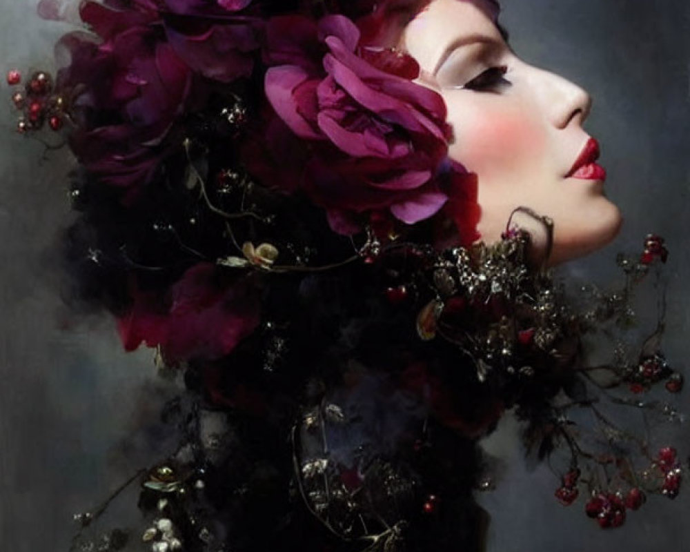 Woman with Dark Floral Adornments Gazing Sideways