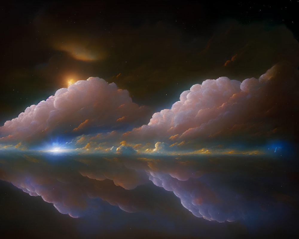 Tranquil cosmic scene: fluffy clouds, warm light, blue stars, dark backdrop