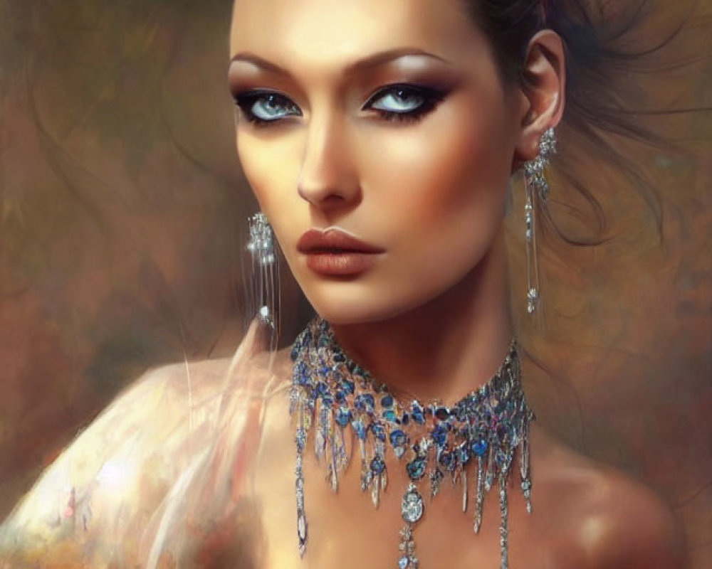 Portrait of woman with striking makeup and crystal accessories against soft abstract background