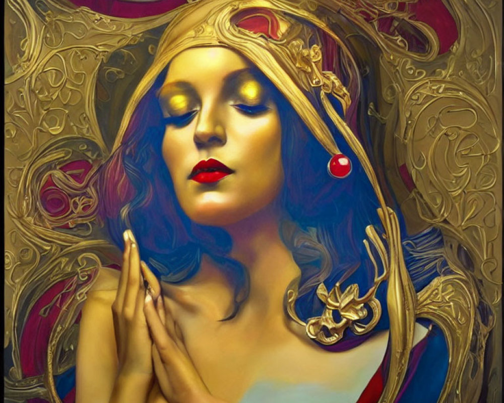 Stylized portrait of a woman with closed eyes and gold headpiece