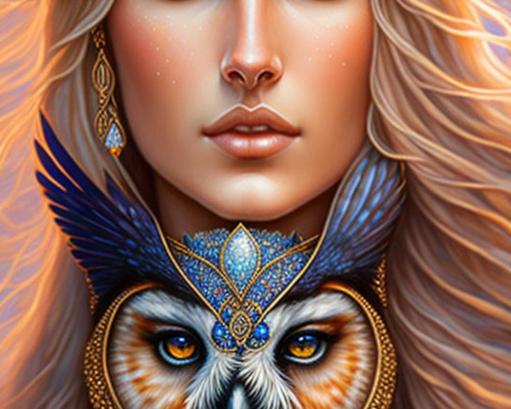 Digital artwork: Woman with leafy crown and owl with intricate details