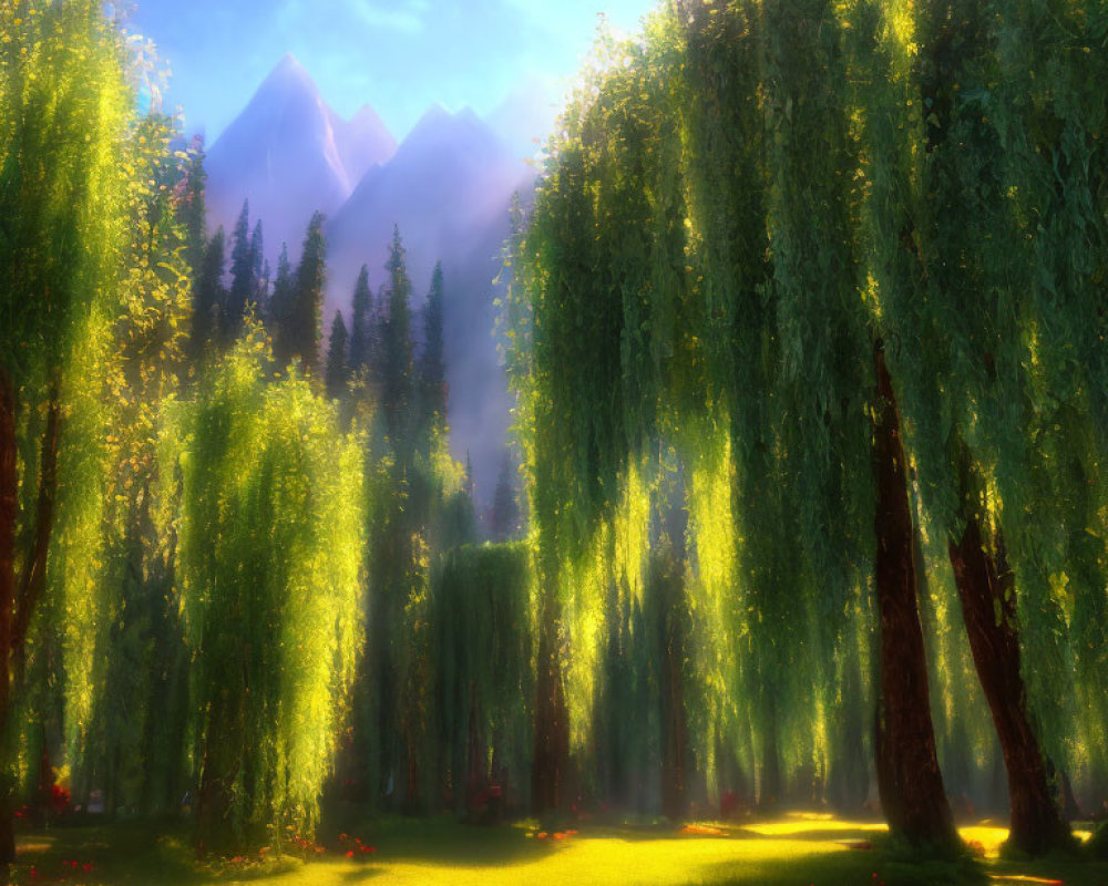 Tranquil landscape with weeping willows, green meadow, red flowers, and misty