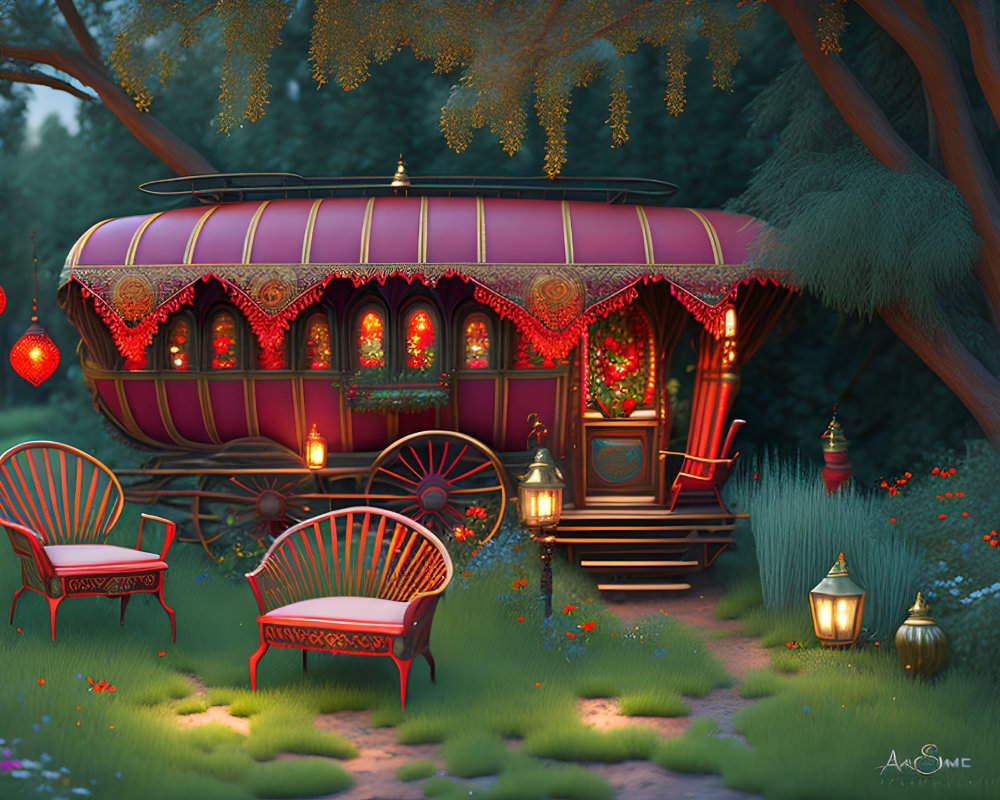 Illuminated caravan in nature with cozy seating and magical ambiance