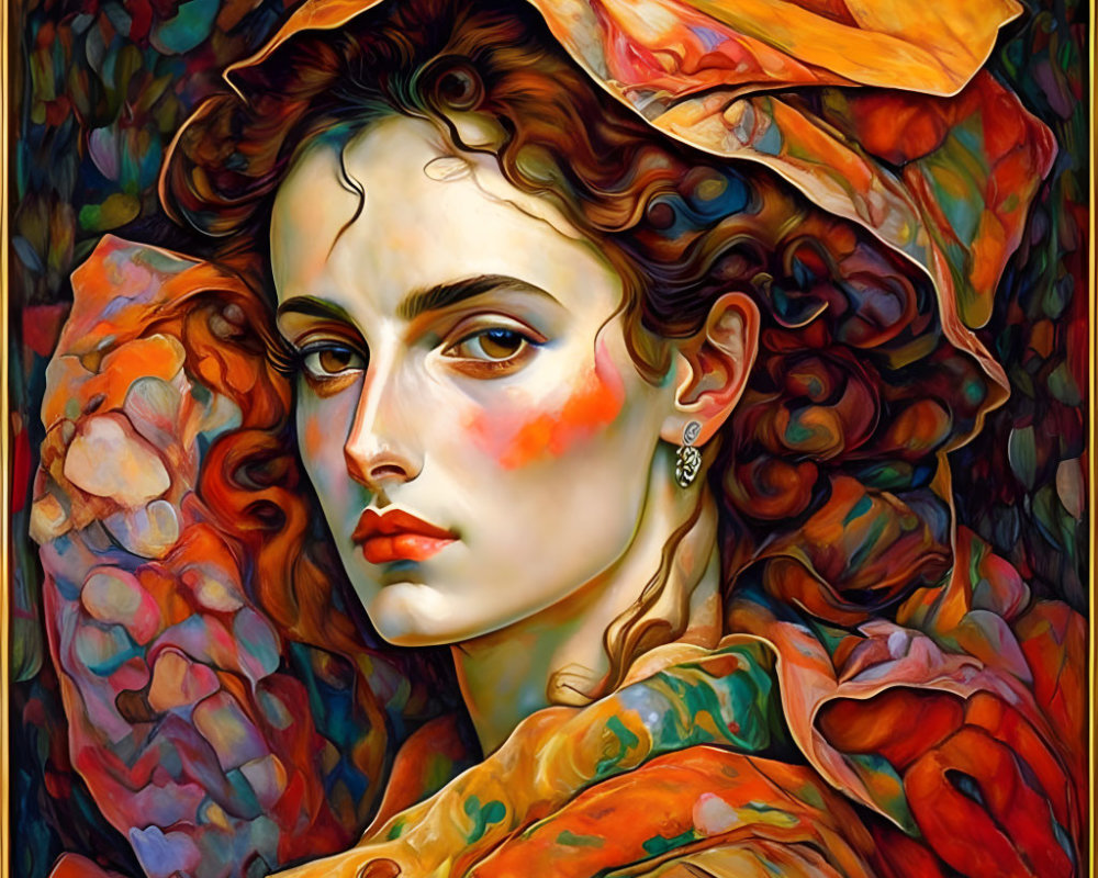 Colorful portrait of woman in orange hat and coat on vibrant background