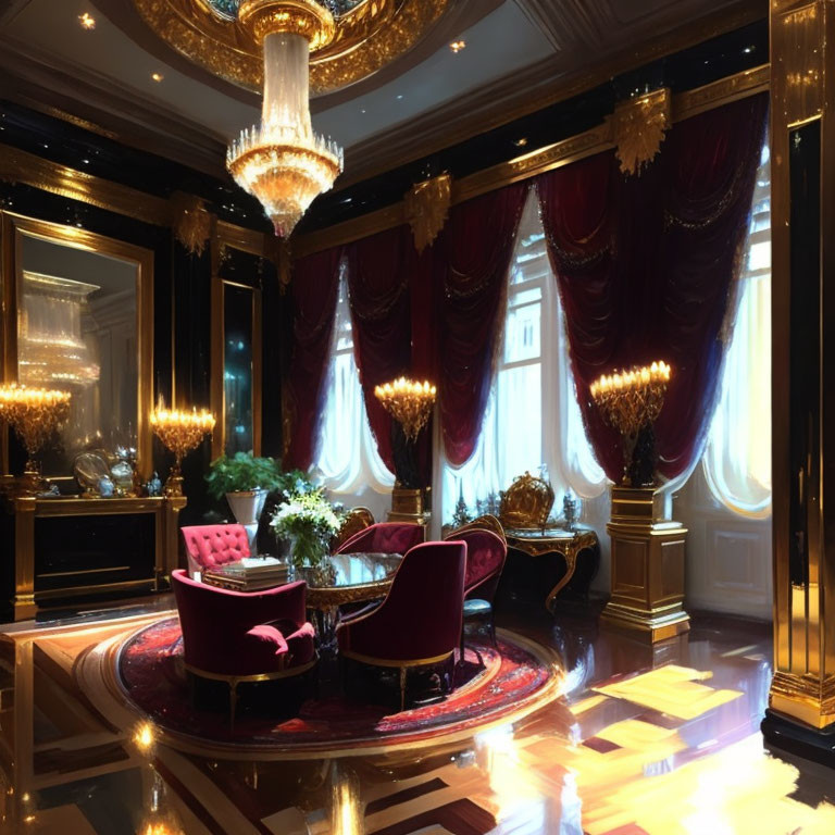 Luxurious Room with Gold and Black Walls, Crystal Chandeliers, and Burgundy Furniture