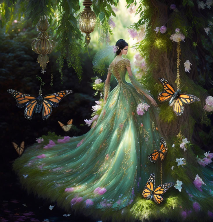 Woman in Elaborate Green Gown in Enchanted Forest with Butterflies and Lanterns