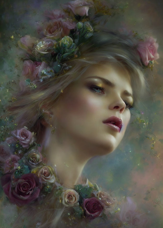 Woman with Floral Crown Portrait: Dreamy Expression, Misty Background