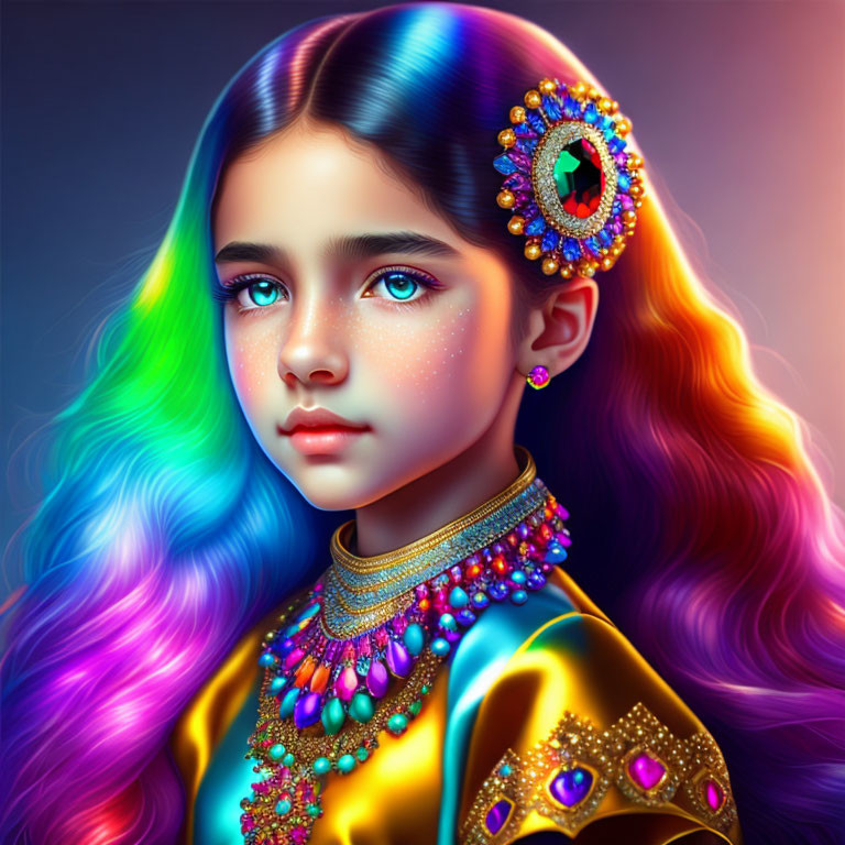 Multicolored Hair Girl in Traditional Attire with Gemstone Headpiece