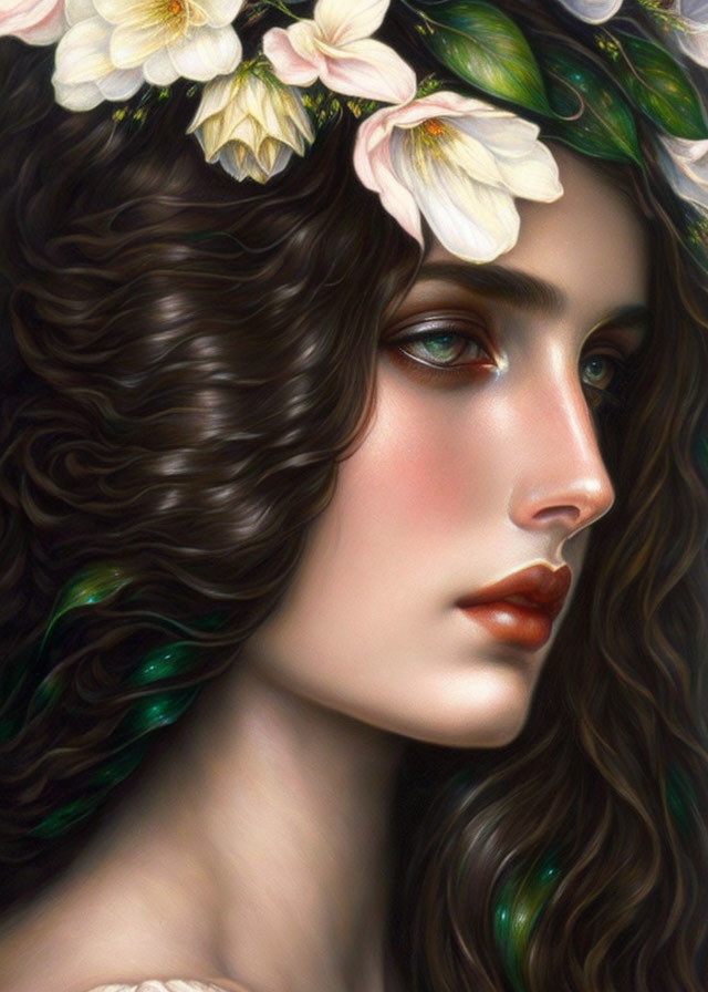 Detailed Illustration of Woman with Dark Hair and White Flowers