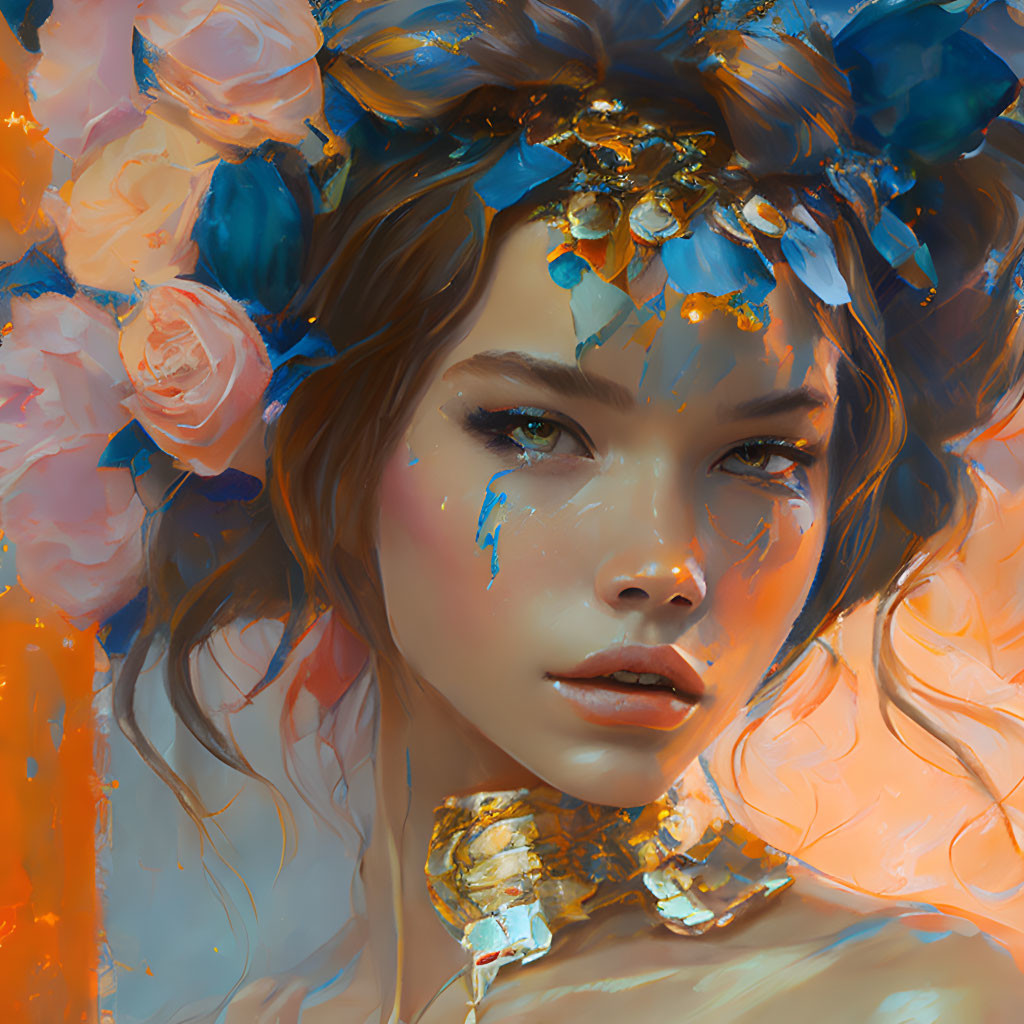 Fantasy portrait of woman with gold leaf and floral elements