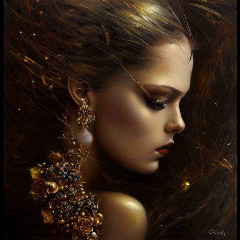 Profile view digital painting of woman with golden jewelry and flowing hair.