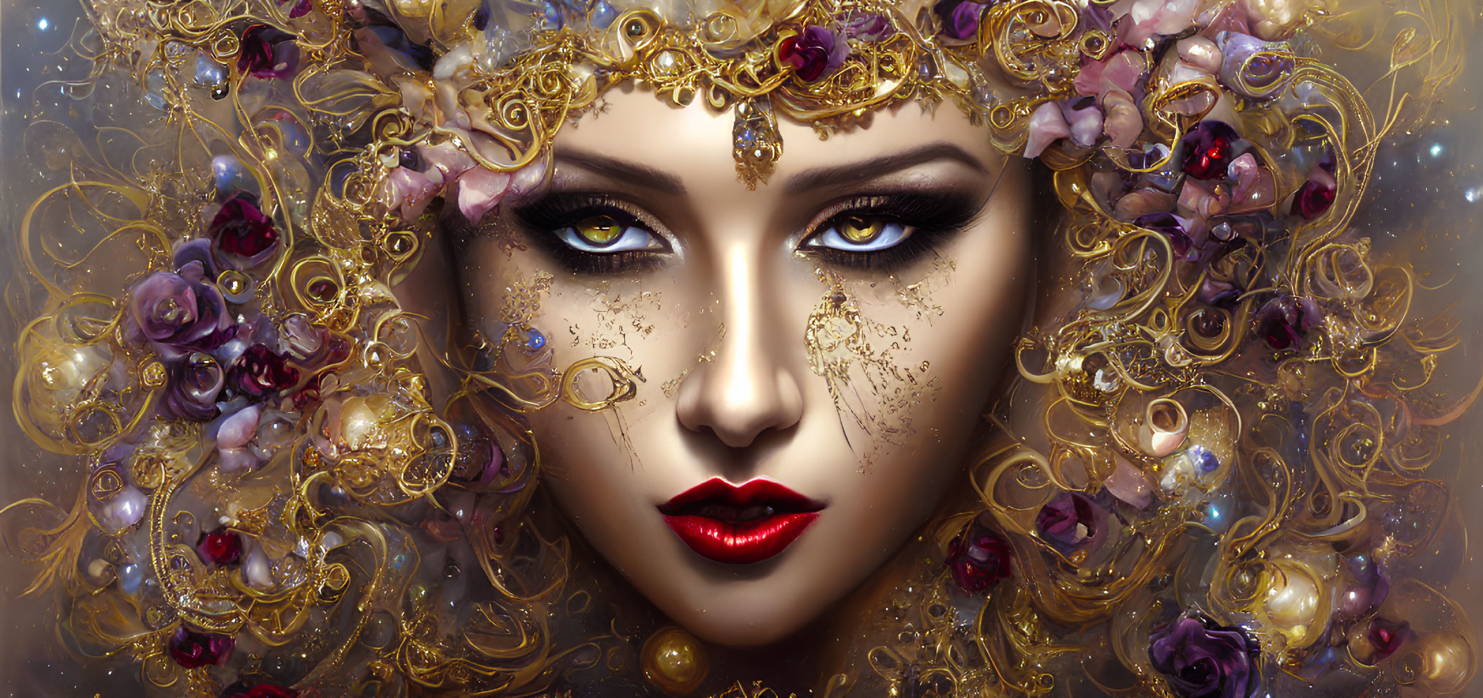 Close-up portrait of mystical woman with ornate golden headpiece and vibrant makeup surrounded by golden swirls