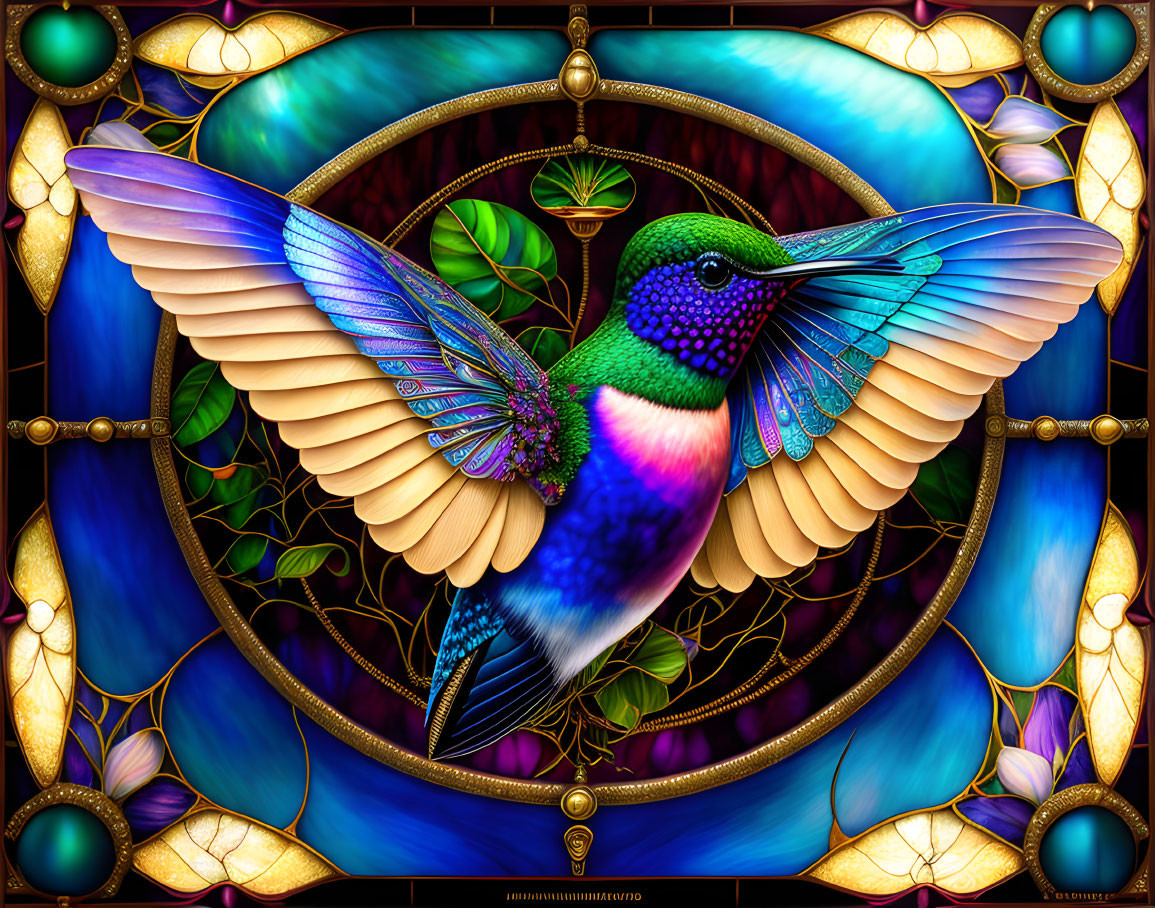 Colorful hummingbird digital art in circular frame with flowers and stained-glass patterns