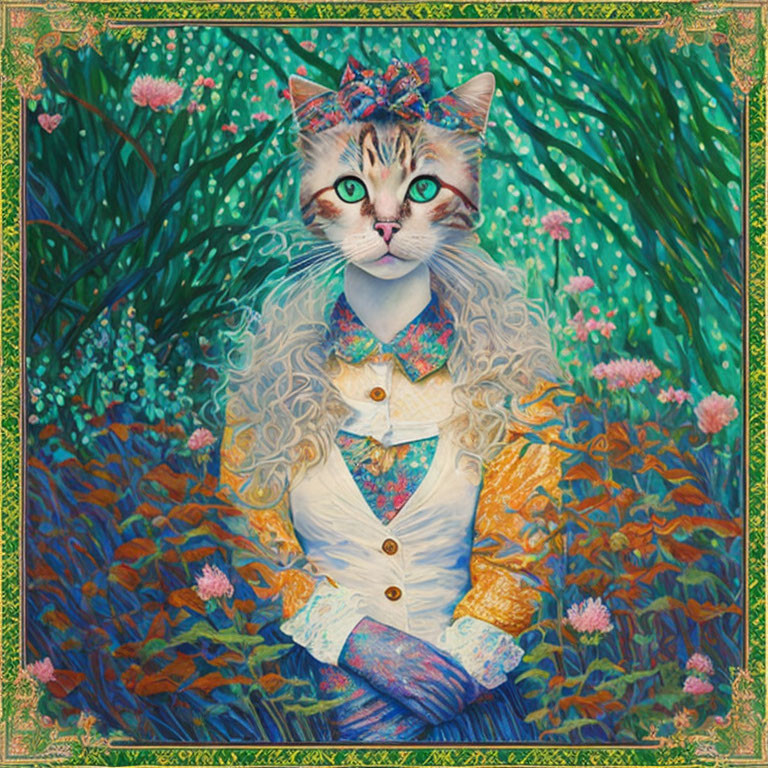 Anthropomorphic Cat with Green Eyes and Wavy Hair in Colorful Suit and Bowtie on Floral