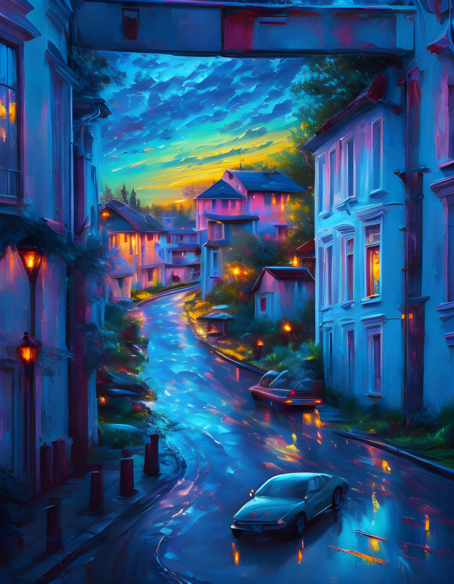 Twilight-lit street painting with colorful skies and reflections