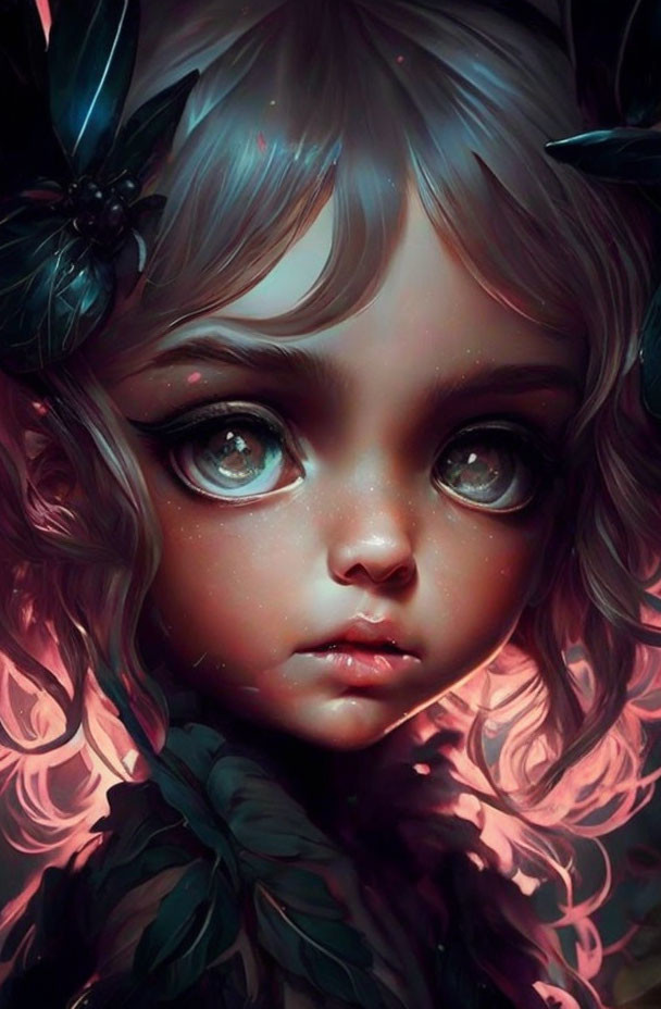Girl with Big Expressive Eyes and Dark Floral Accents: Digital Artwork