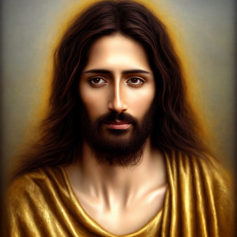 Digital painting of person with long brown hair and beard in golden robe emitting soft glow