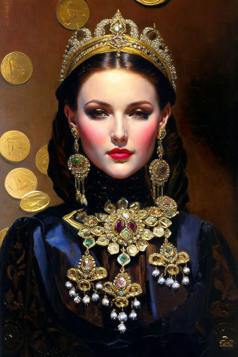 Regal woman with jewel-encrusted tiara and golden jewelry on coin-filled background